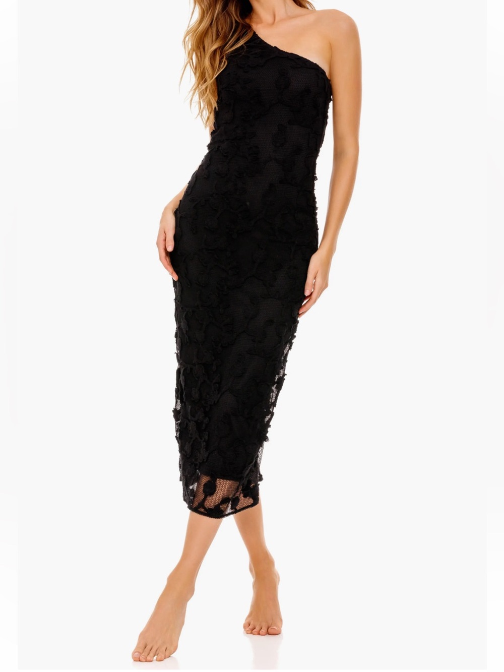 Agua Bendita Sz M Dress Balm Chroma One-Shoulder Midi Black Lace Classic Luxury